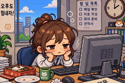 식곤증 때문에 잠을 참을 수 없는 직장인